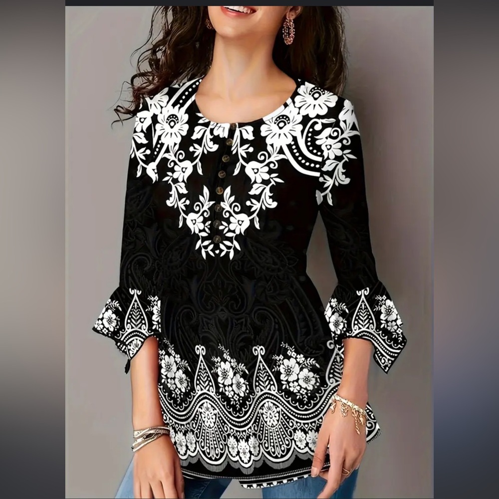 Floral Print Button Front Long Length 3/4 Sleeve